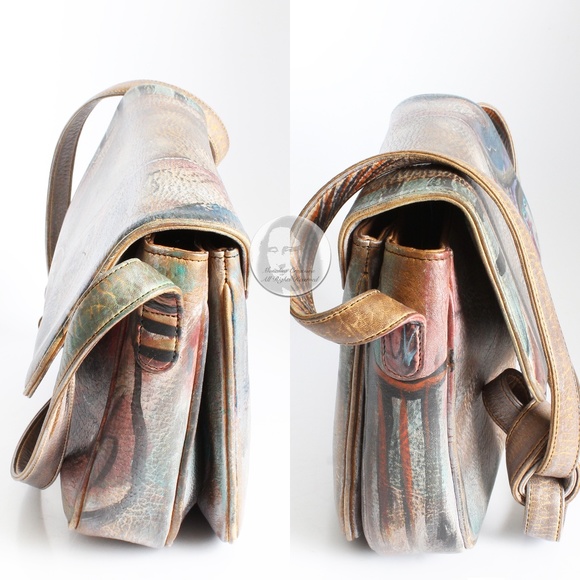 Jane Yoo Bag Crossbody Distressed Leather Handpainted Wearable Art Flap Bag - Picture 5 of 9